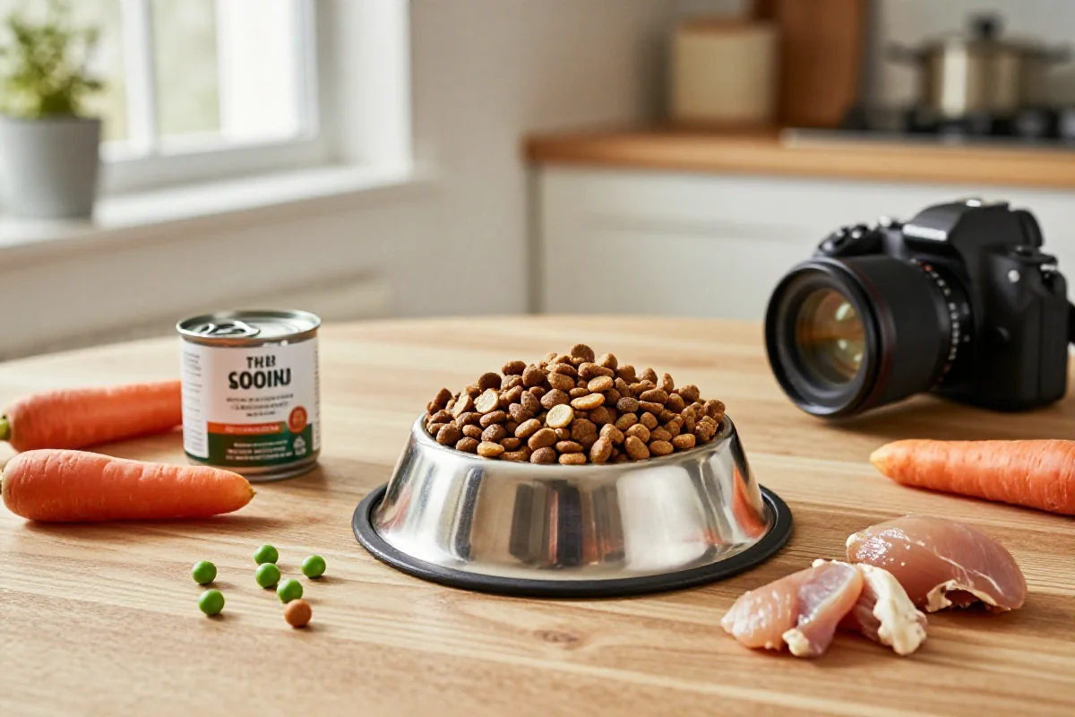 Hundemat og ferske ingredienser på kjøkkenbord for optimal hundenæring.