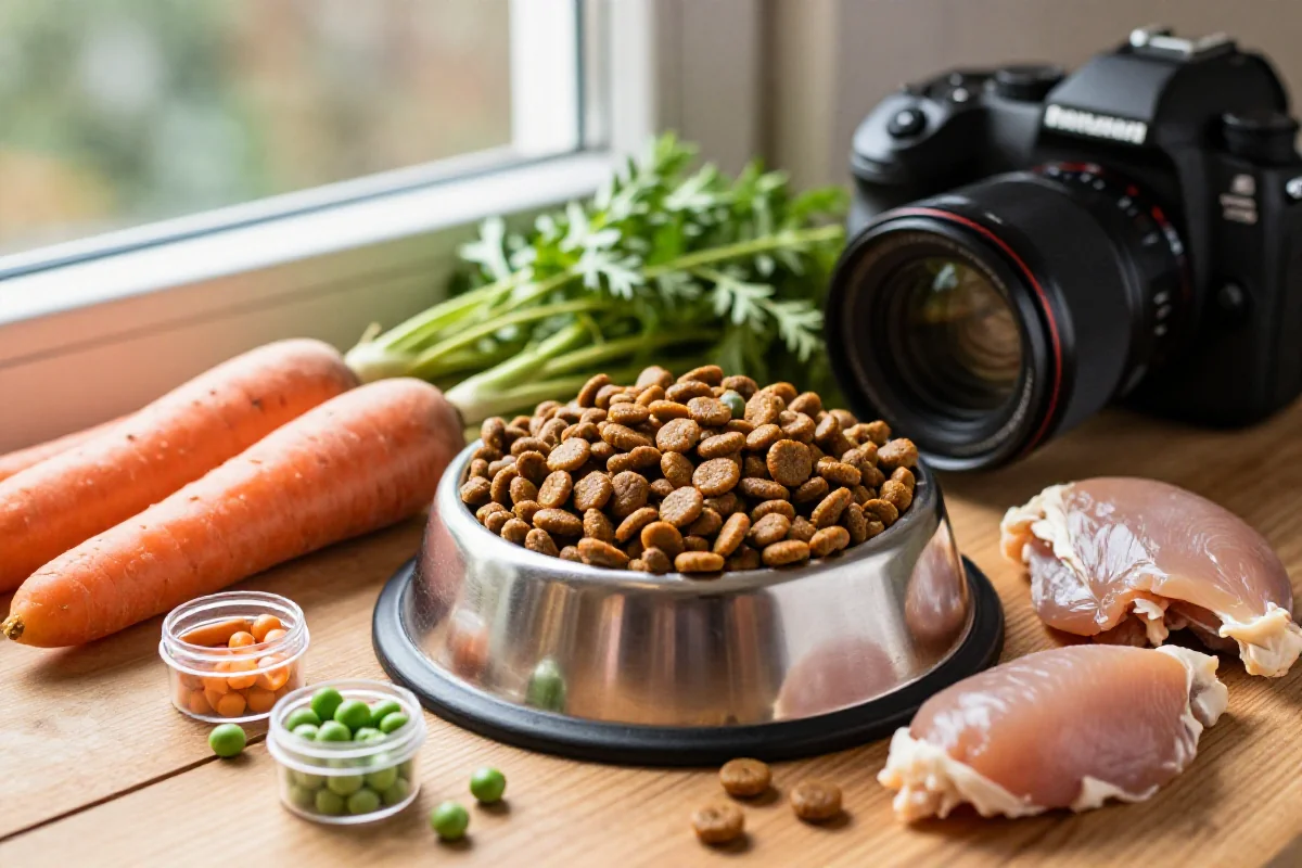 Hundemat og ferske ingredienser som viser god ernæringsstatus hos hunder.