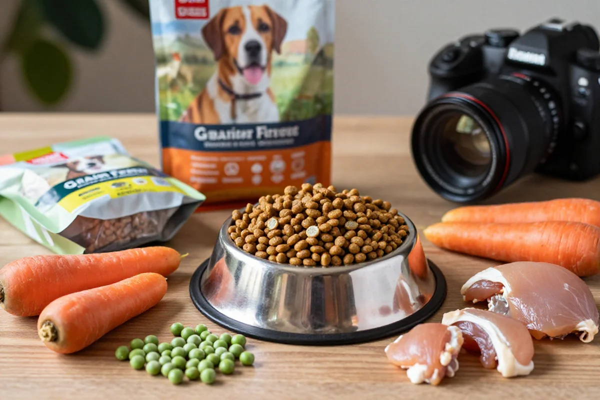 Variert hundemat og naturlige ingredienser på en treoverflate.