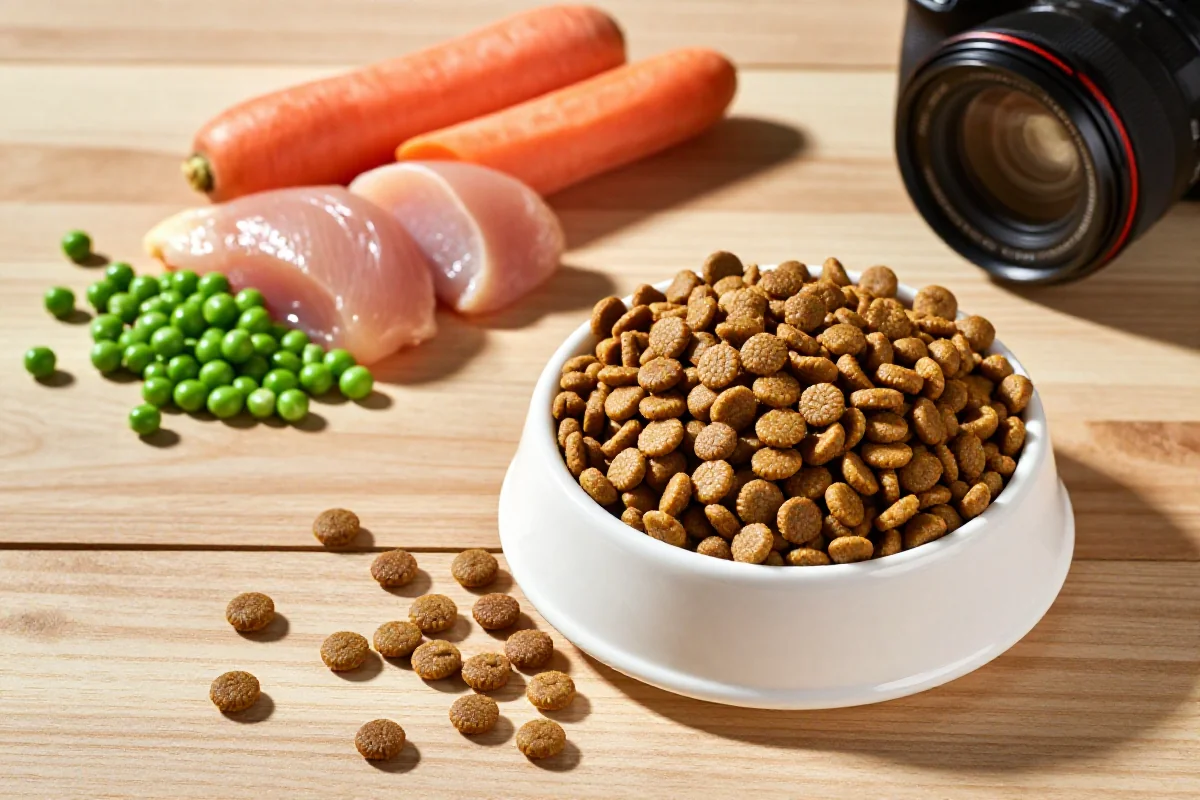 Hundefôr med tørre kuler og friske ingredienser på et trebord.