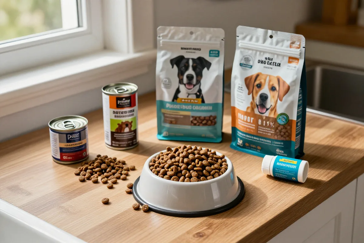 Bilde av hundematprodukter, inkludert tørrfôr, våtfôr og kosttilskudd.