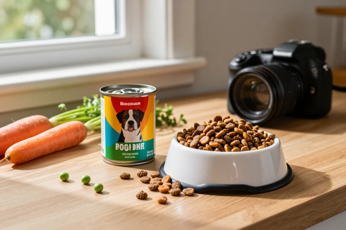 Hundeernæring med våtfôr og tørrfôr i en hundeskål.
