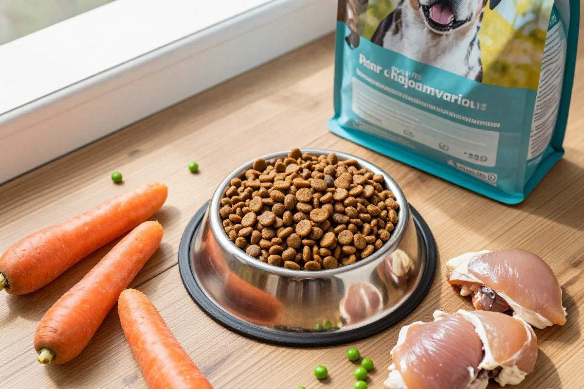 Hundemat for vektnedgang med ferske ingredienser og skål i naturlig lys.