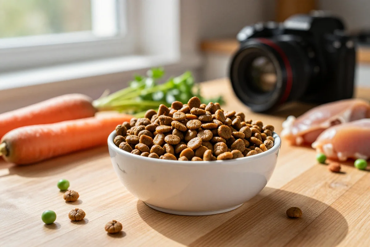 Skål med tørrfôr for hunder og friske ingredienser på kjøkkenbordet.