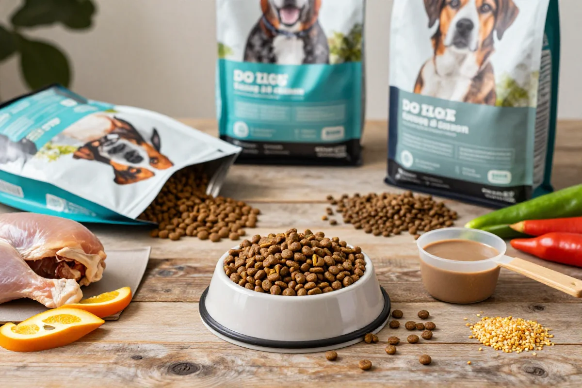 Hundefôr for aktive hunder med kibble og friske ingredienser på bordet.
