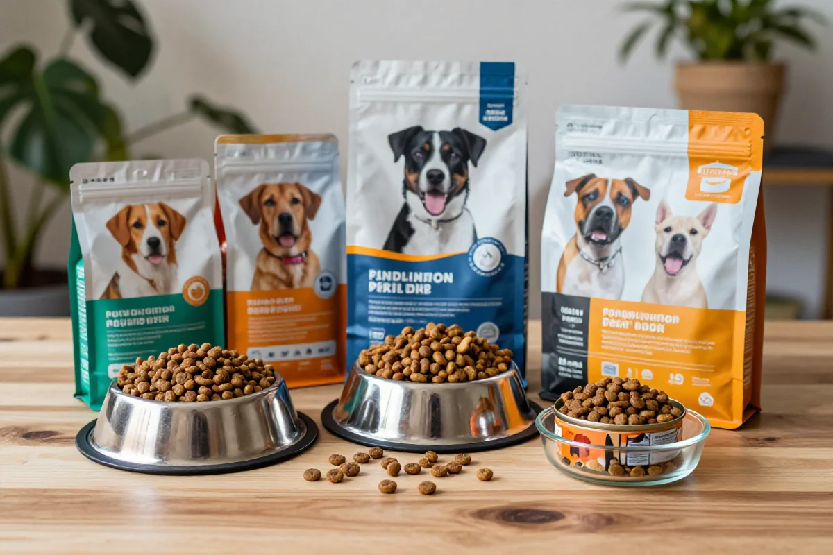 Ulike hundematprodukter med tilsetningsstoffer på en treoverflate.