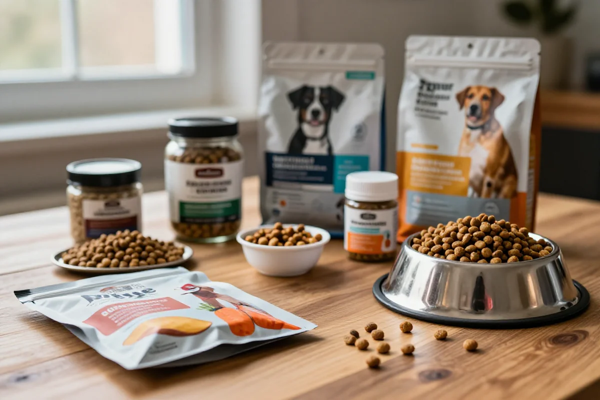 Varierte hundematprodukter og tilsetningsstoffer på et trebord.