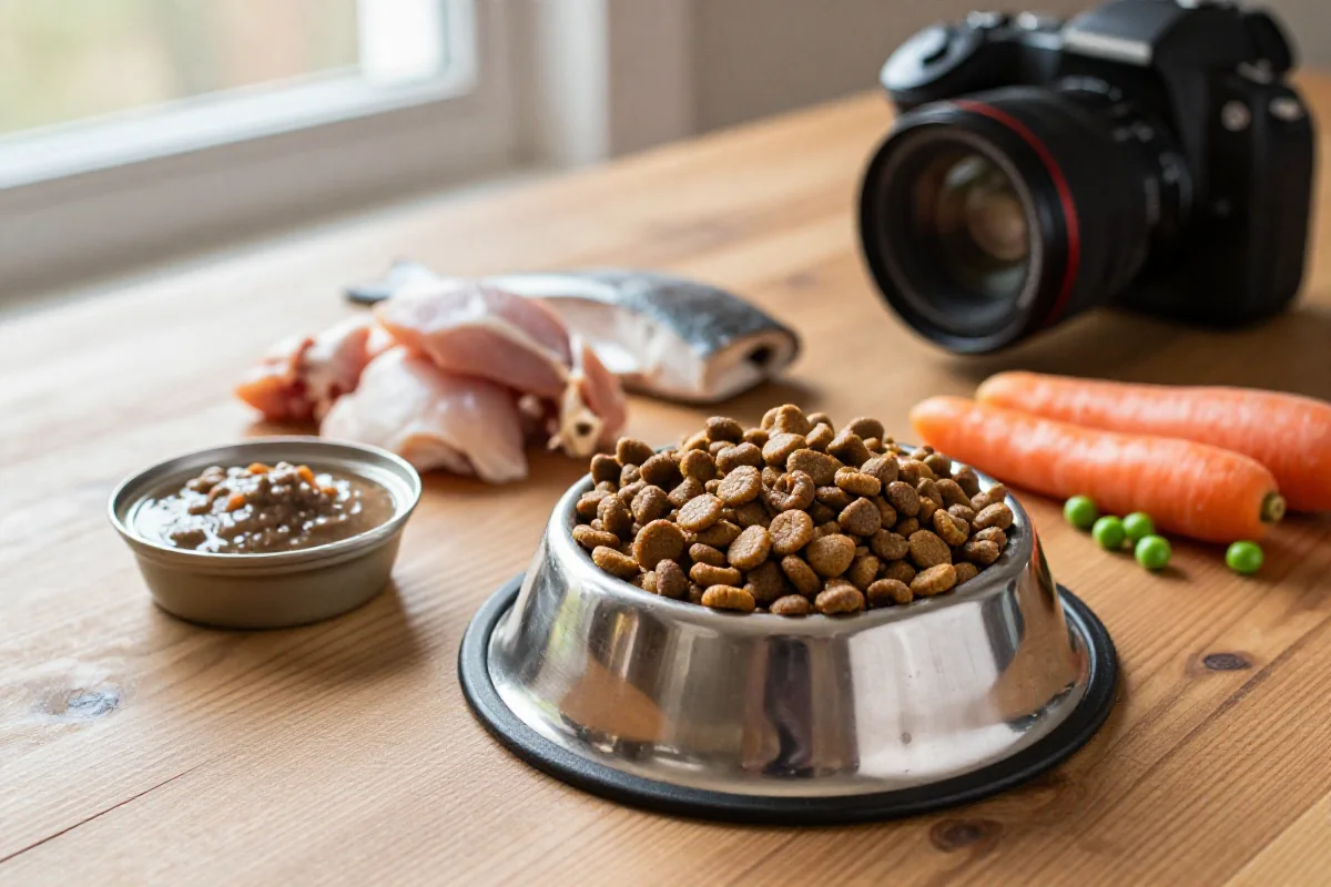 Fôr til eldre hunder med kibble og våtfôr på et trebord