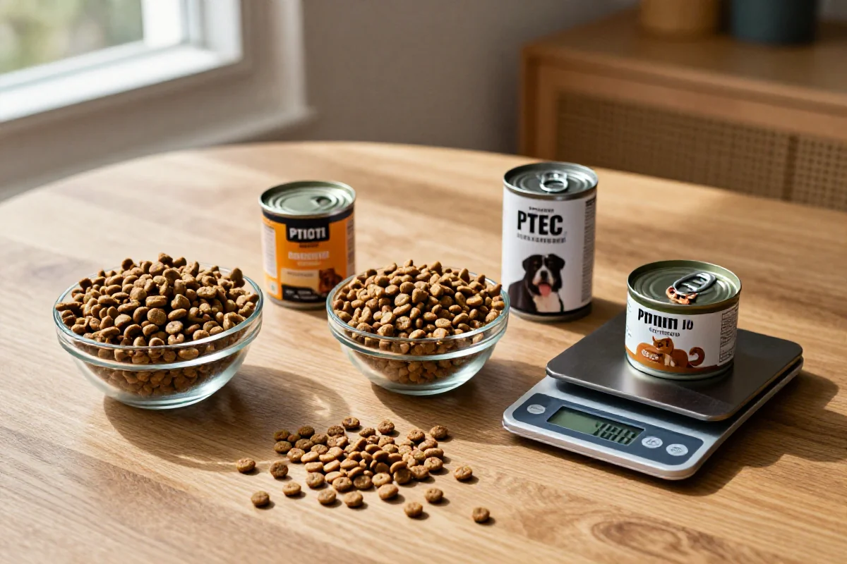 Fôr til kastrerte hunder med kibble og våtfôr på bordet.