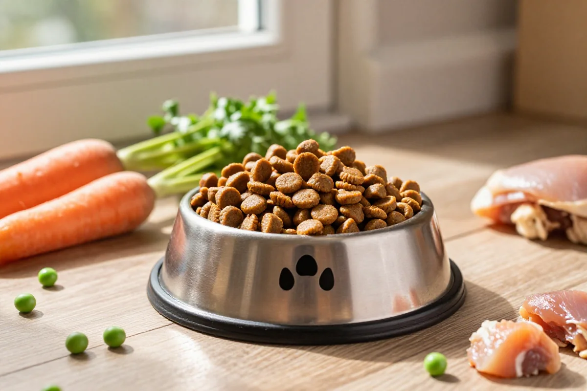 Hundematbolle med tørrfôr og friske ingredienser for hundens ernæring.