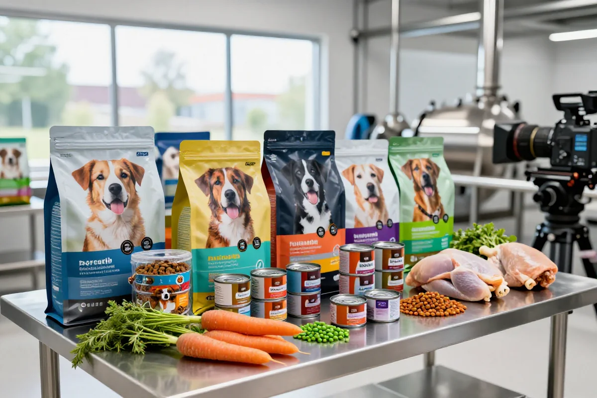 Fotografi av hundematproduksjon med tørre og våte hundefôrprodukter.
