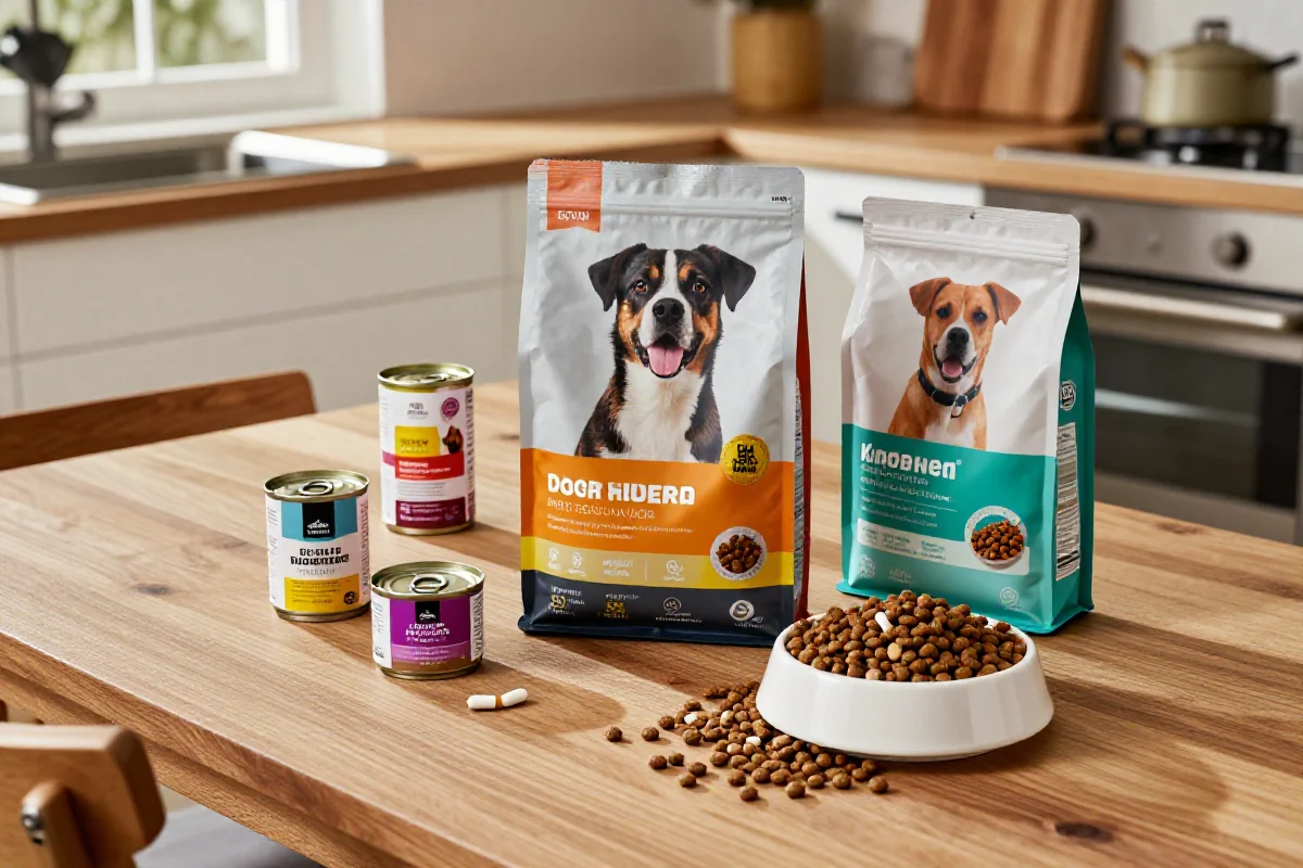 Variert hundemat som kibble, våtfôr og tilskudd på bordet