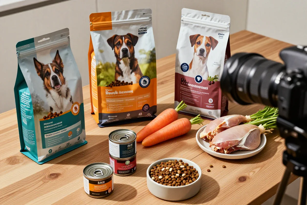 Variert hundemat på et trebord med kibble og ferske ingredienser.