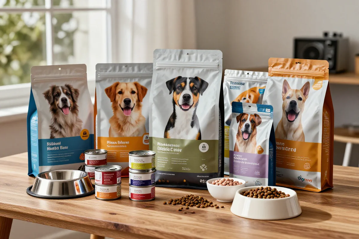 Variert utvalg av hundematprodukter og tilbehør på et trebord.