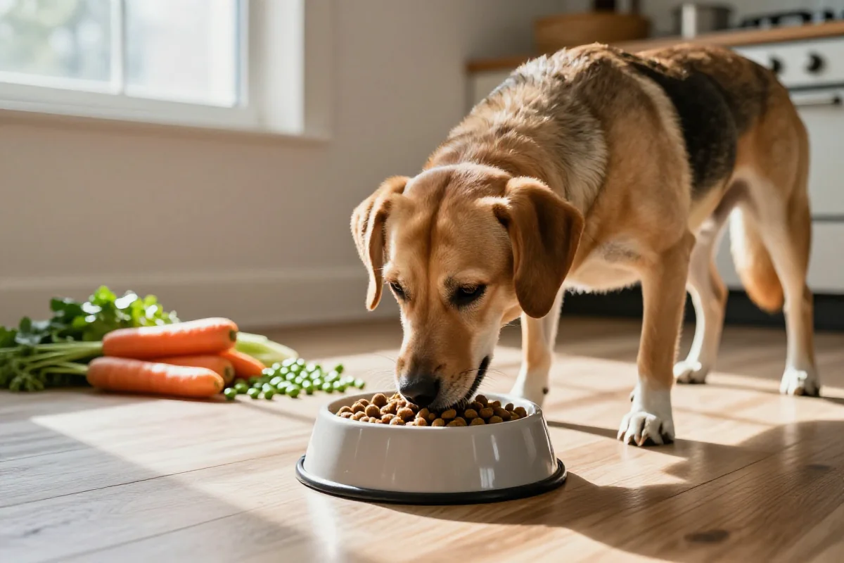 Hund spiser fra en langsommat-skål med tørrfôr i et rolig kjøkken.
