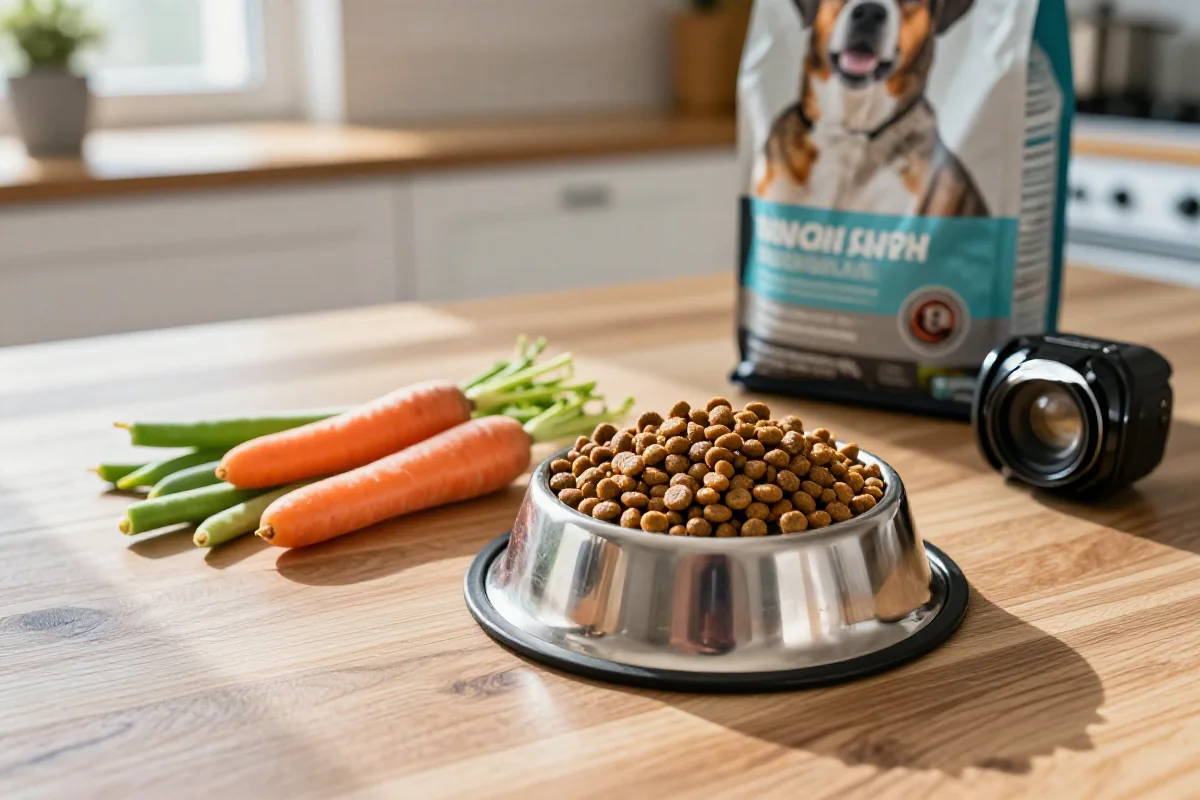 Hundefôr med kibble og grønnsaker på kjøkkenbordet.