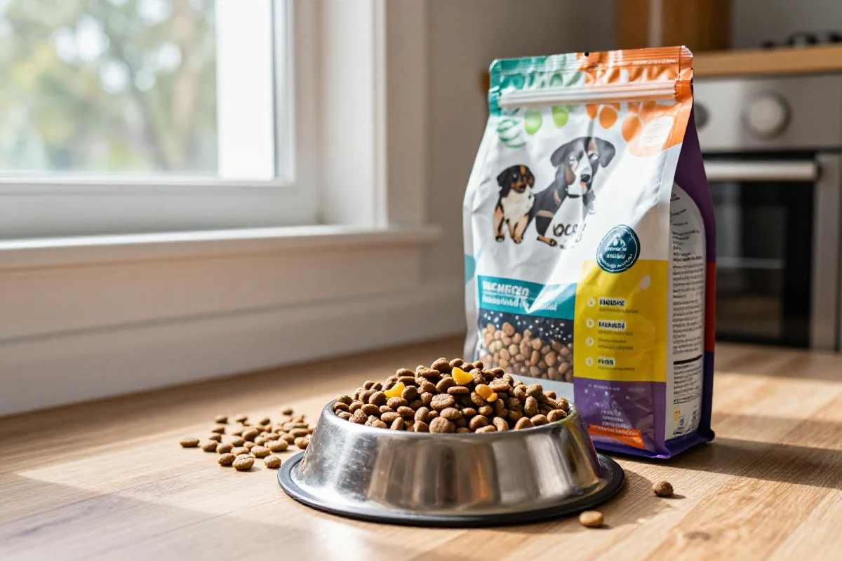 Hundemat og hundeskål med tørrfôr for trygg vektøkning hos hund.