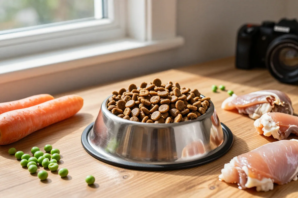 Hundefoerdelstation med tørr hundemat og ferske ingredienser for sunn hundenæring.