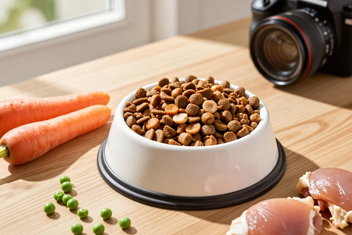 Hundeskål med tørrfôr og ferske ingredienser for hundemat.