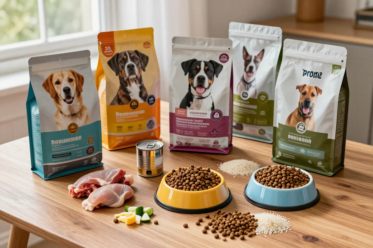 Variert hundematen for sunn vektoppgang på et trebord med naturlig lys.