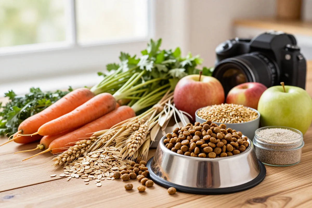 Variert hundemat med ingredienser for tarmhelse og fibertyper.