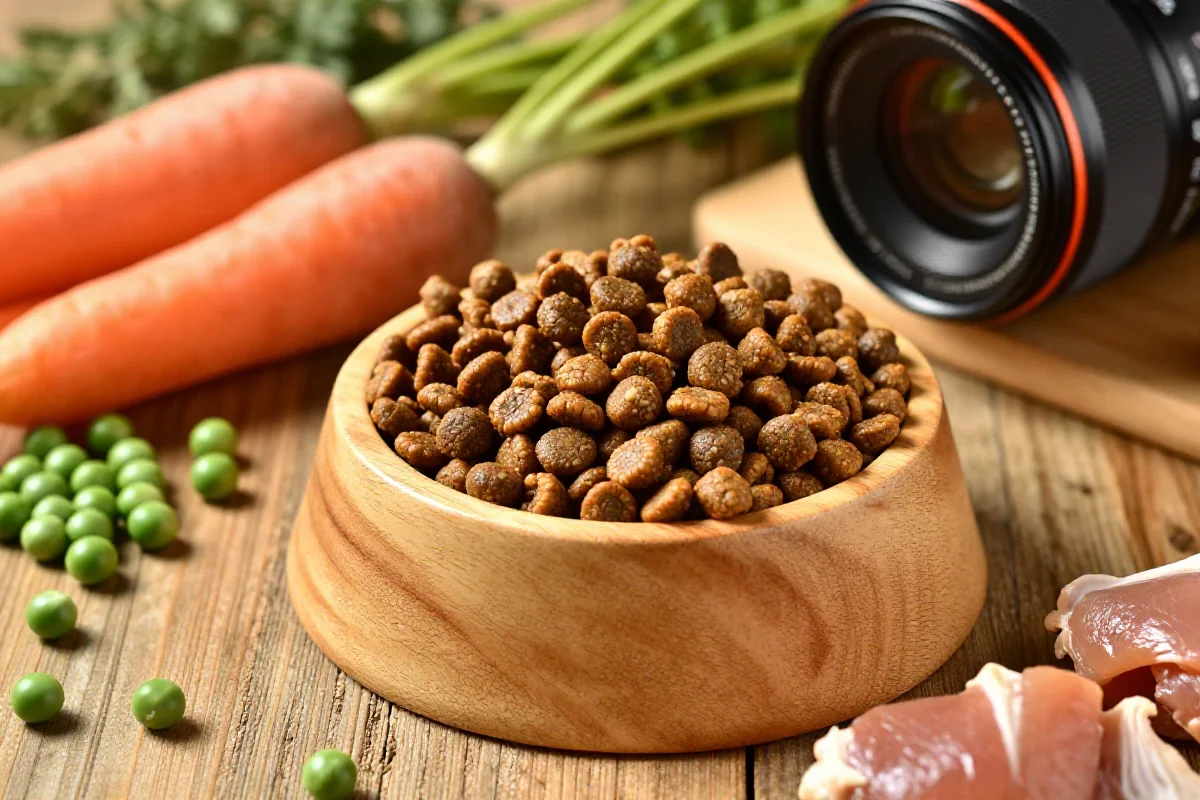 Hundemat med tørkibble og friske ingredienser på en tremesse.