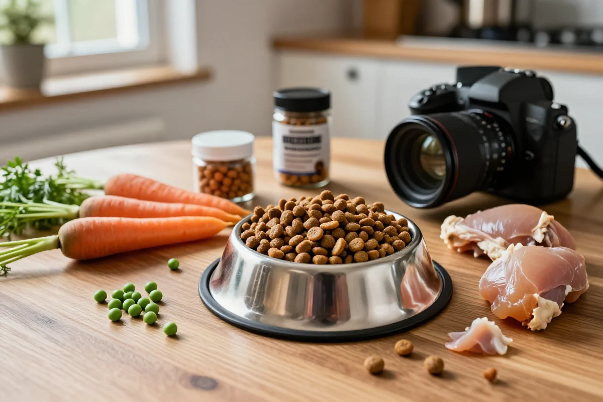 Hundemat med kibbler, friske ingredienser og tilskudd på kjøkkenbordet.