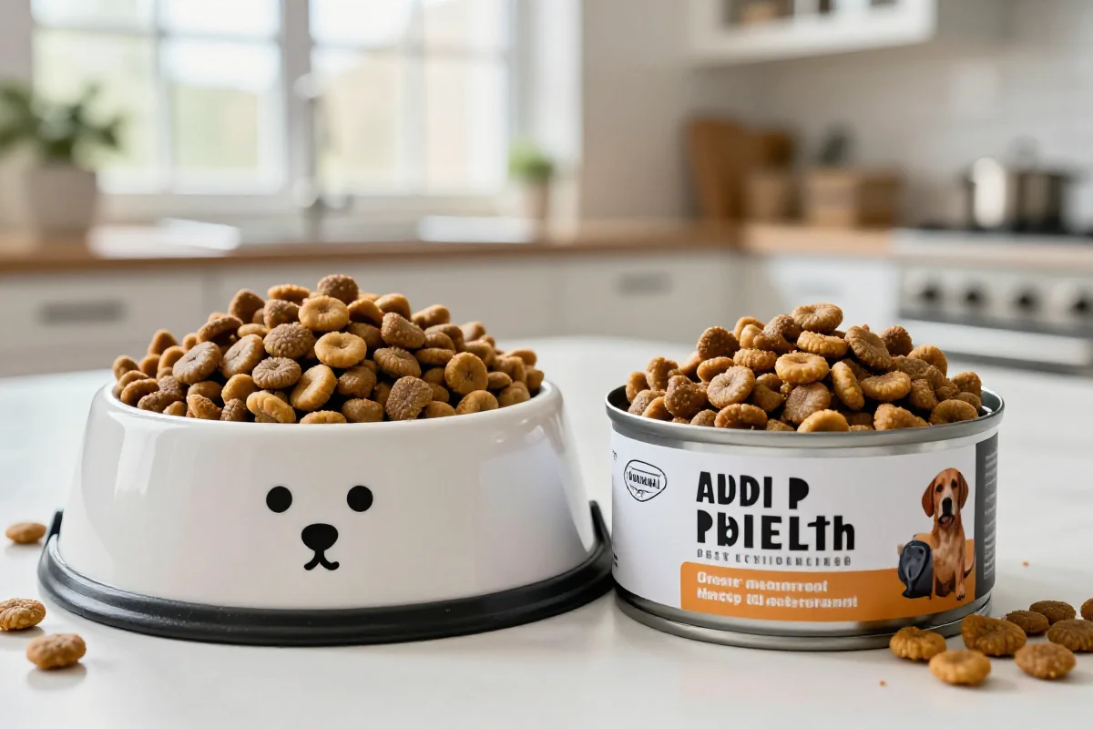 Valpefôr og voksenfôr i hundemat, med kibble og våtfôr i skåler.