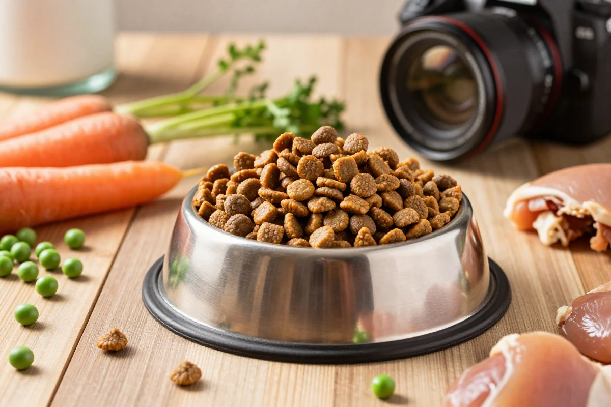 Variert høy-kvalitets tørrfôr for valper i en hundeskål med friske ingredienser.
