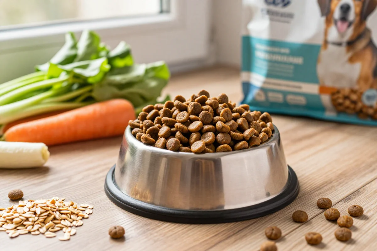 Skål med tørrfôr til hund og friske ingredienser på tregulv
