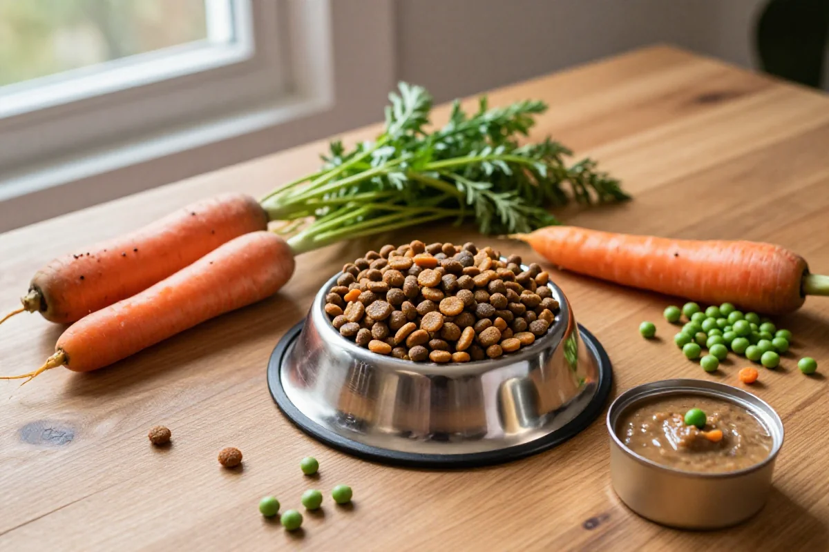 Variert hundemat med tørrfôr og friske ingredienser for sunn hundenæring