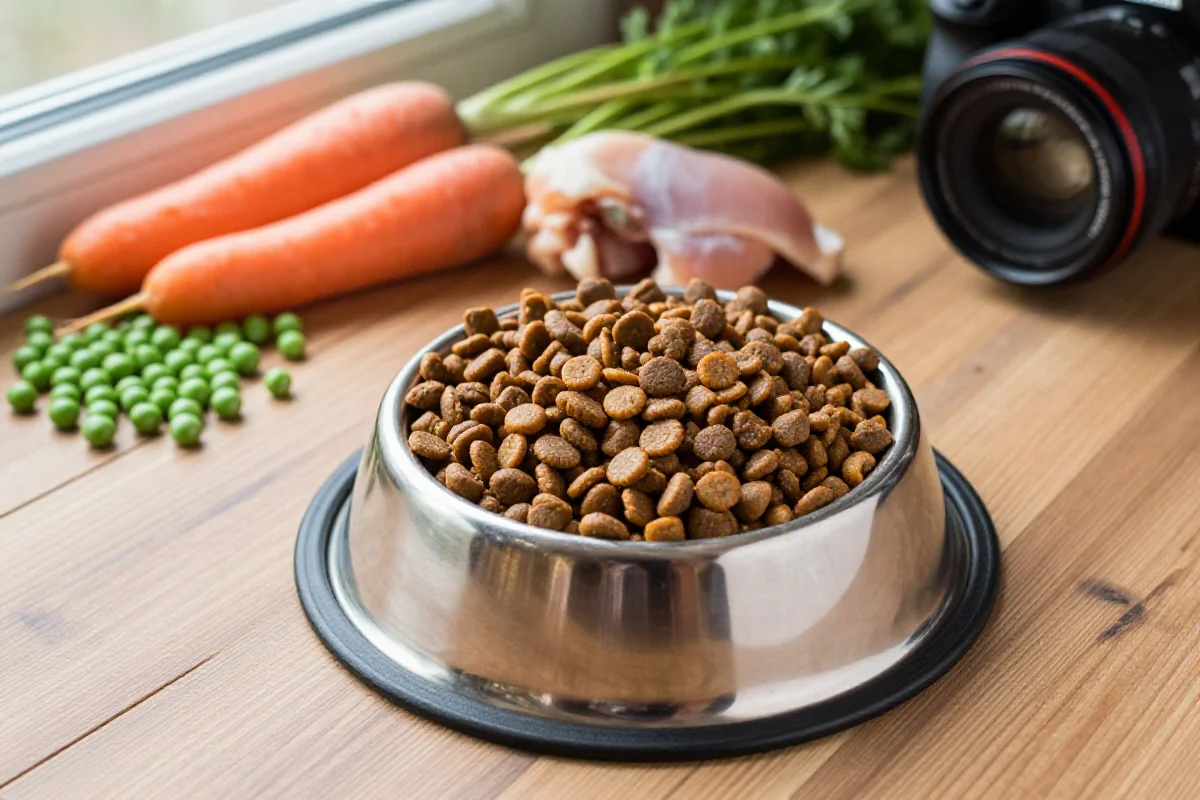 Stål hundeskål med tørrfôr og friske ingredienser for hunden