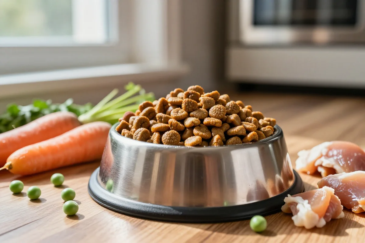 Hundemat bolle med tørrfôr omringet av friske ingredienser.