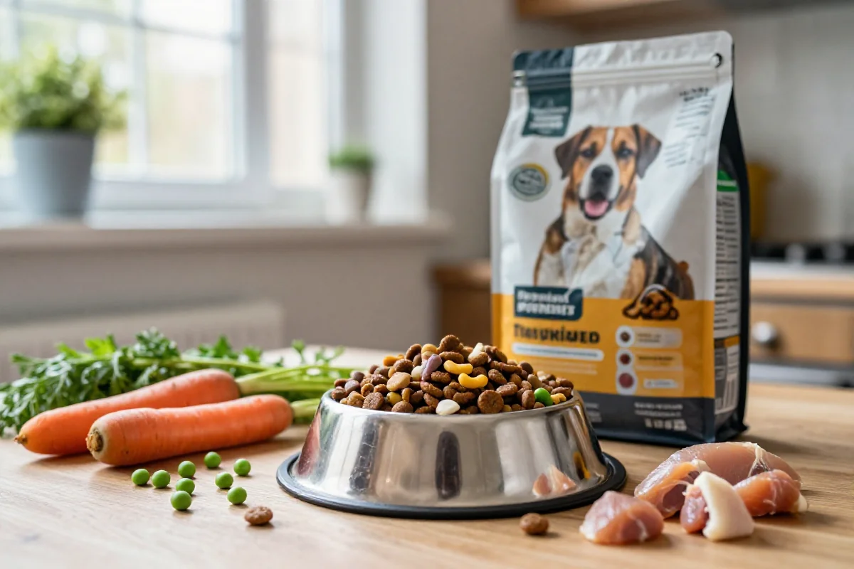 Hundefôr og friske ingredienser i et koselig kjøkkenmiljø.