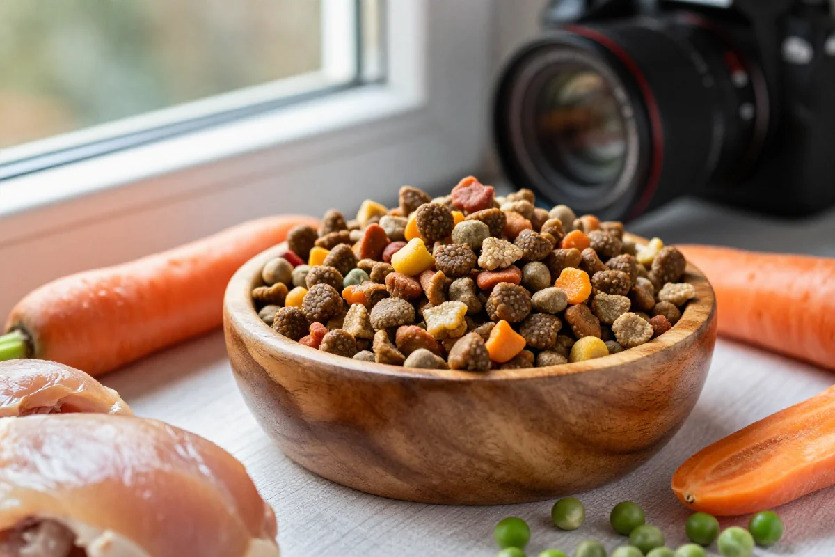 Hundefôr for vektnedgang i en trebolle med friske ingredienser.