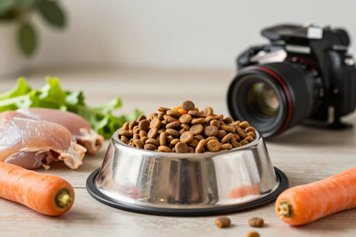 Hypoallergen hundemat med kylling og gulrøtter i matskål.