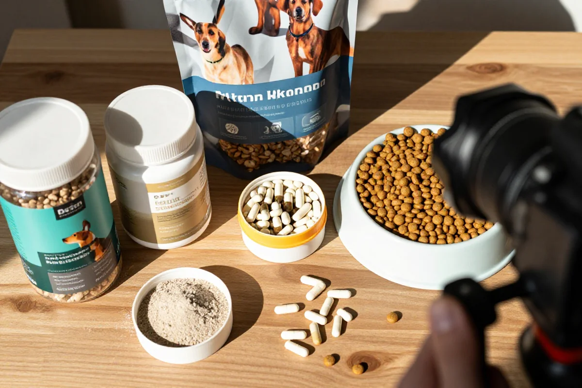 Kosttilskudd for idrettshunder og proteinrik kibble på trebord.