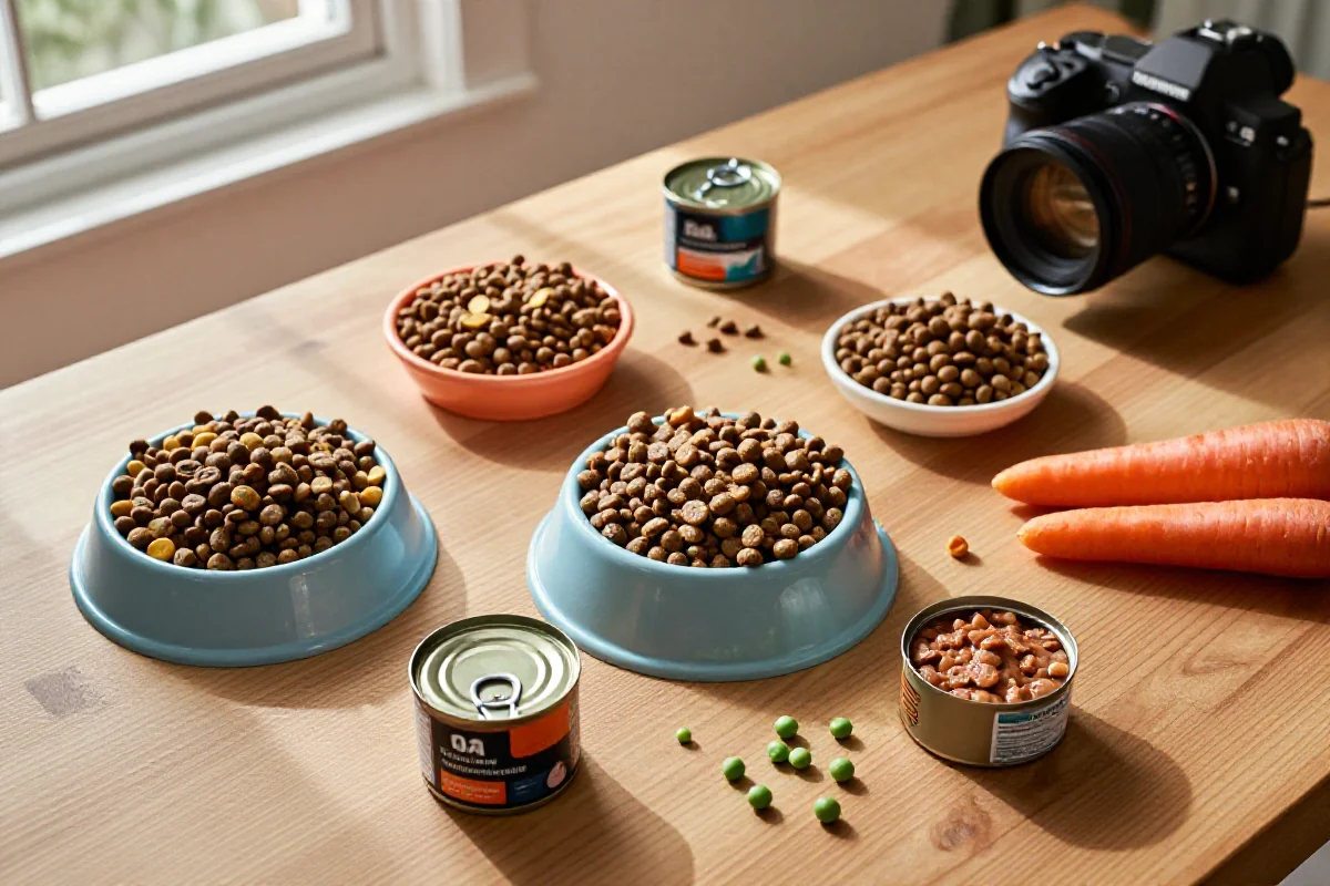 Variert hundefôr og ferske ingredienser på bordet for optimal hundenæring.