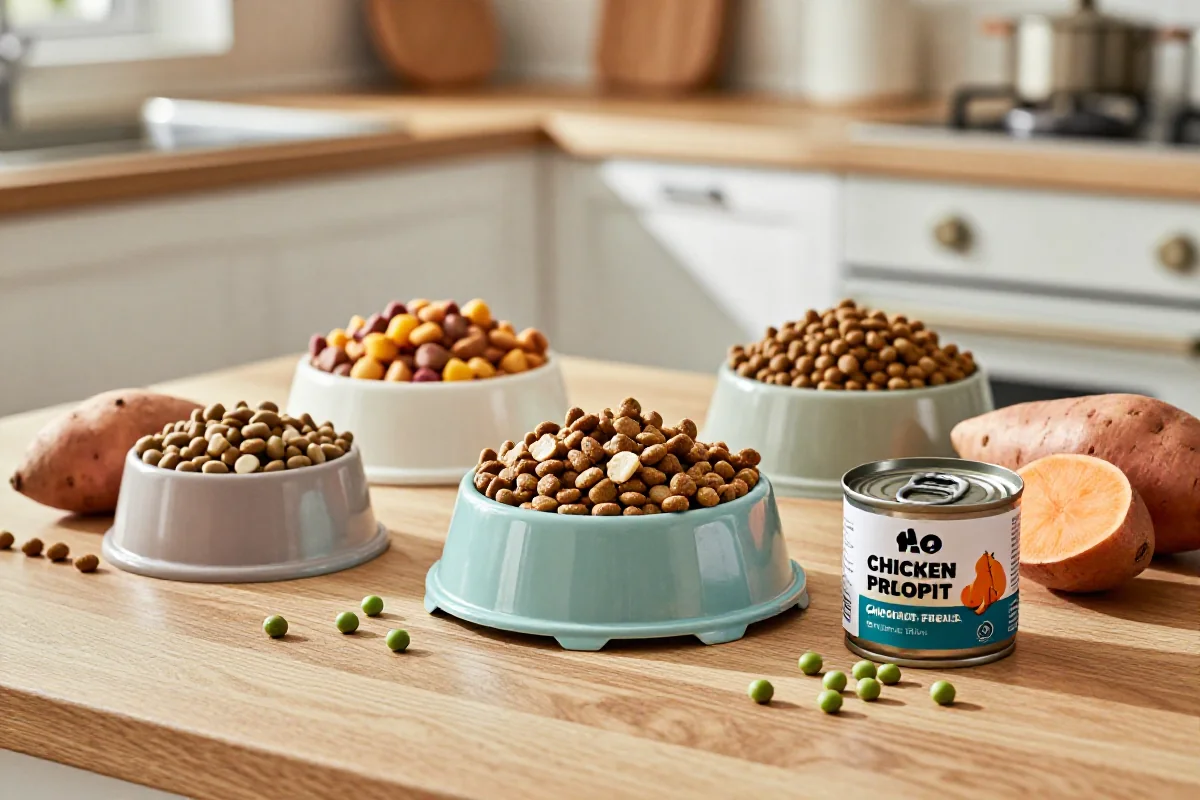 Hundemat uten kylling, inkludert kibble og våtfôr for allergiske hunder.