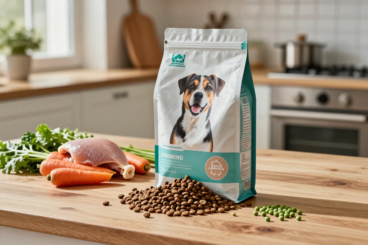 Veterinærdiett hundemat med ferske ingredienser og kibble på kjøkkenbenk.