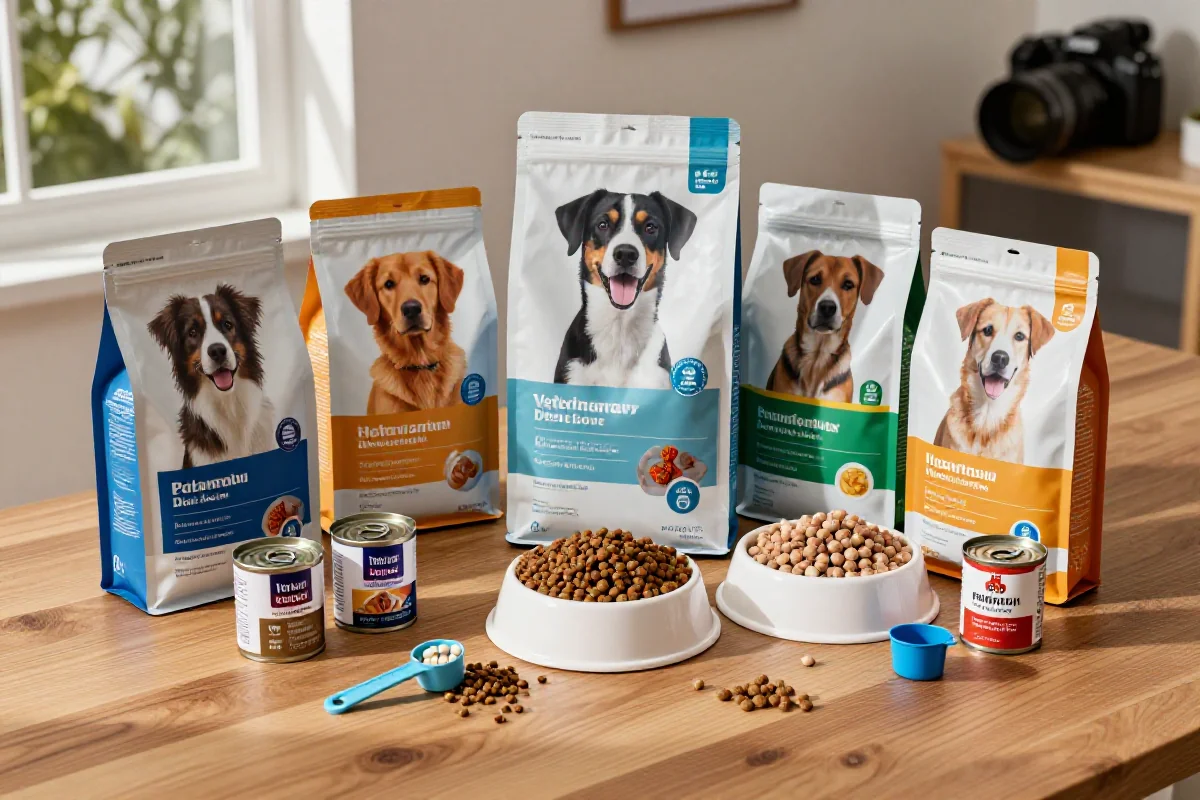 Variasjon av veterinærdietter for hunder på et trebord.