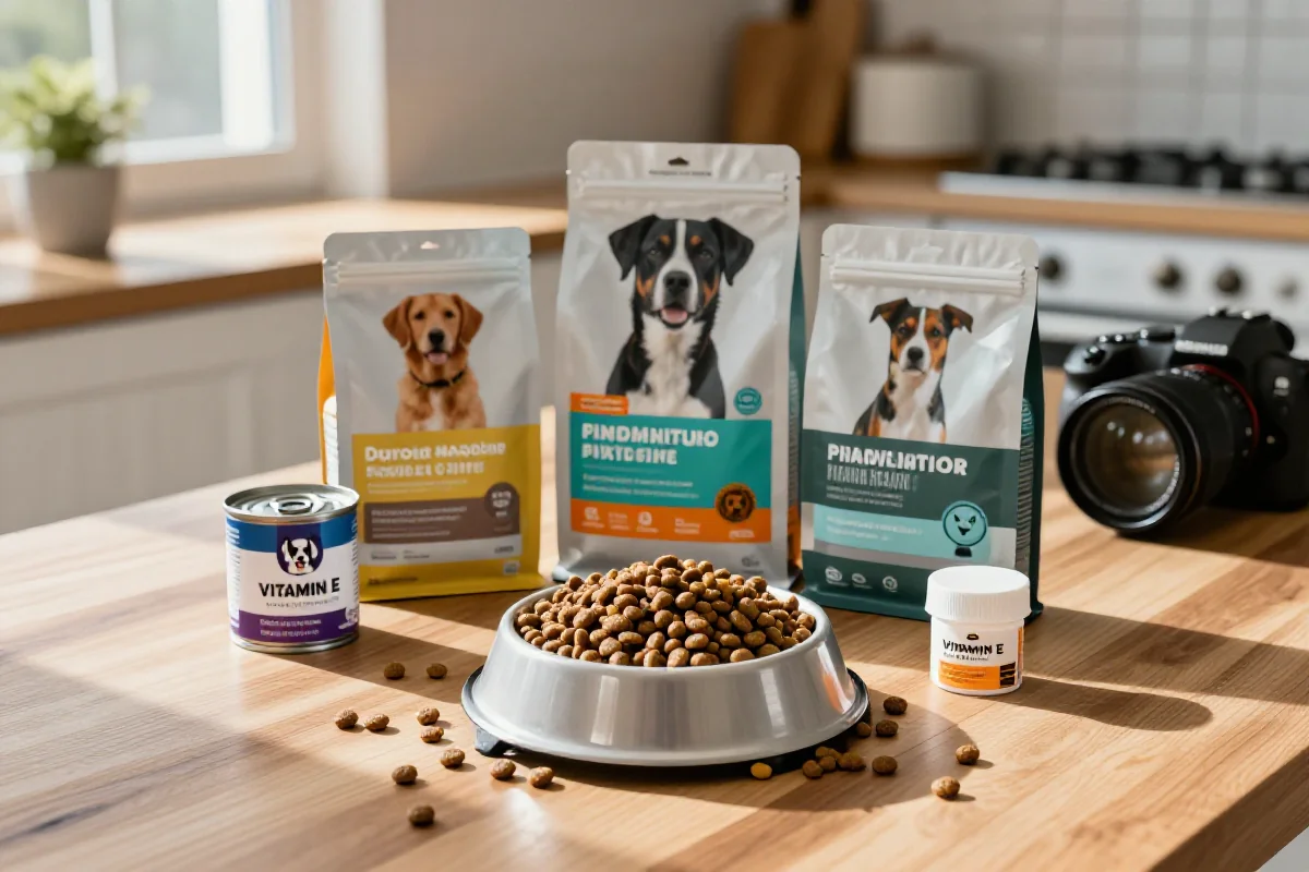 Ulike hundematprodukter og vitamin E kosttilskudd på et kjøkkenbord.