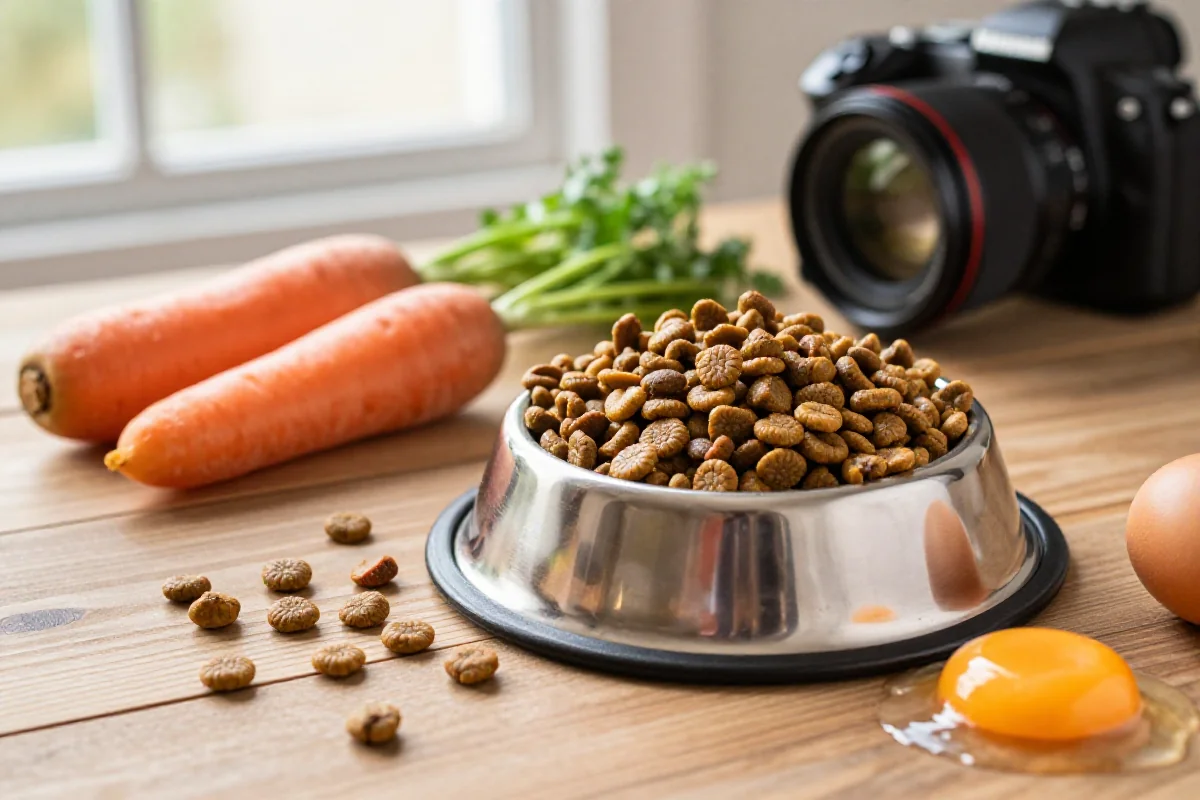 Hundefôr med vitamin A og D på et bord, inkludert gulrøtter og eggeplommer.