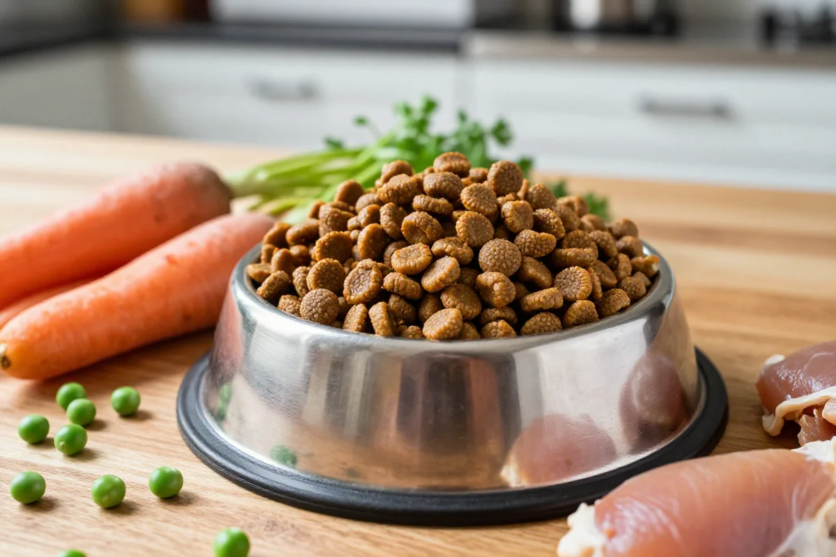 Skål med tørrfôr til hund, omringet av friske ingredienser for hundemat.